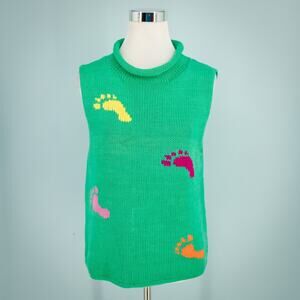Rey Wear Size Medium M Large L Hand Knit Foot Print Roll Neck Sleeveless Sweater